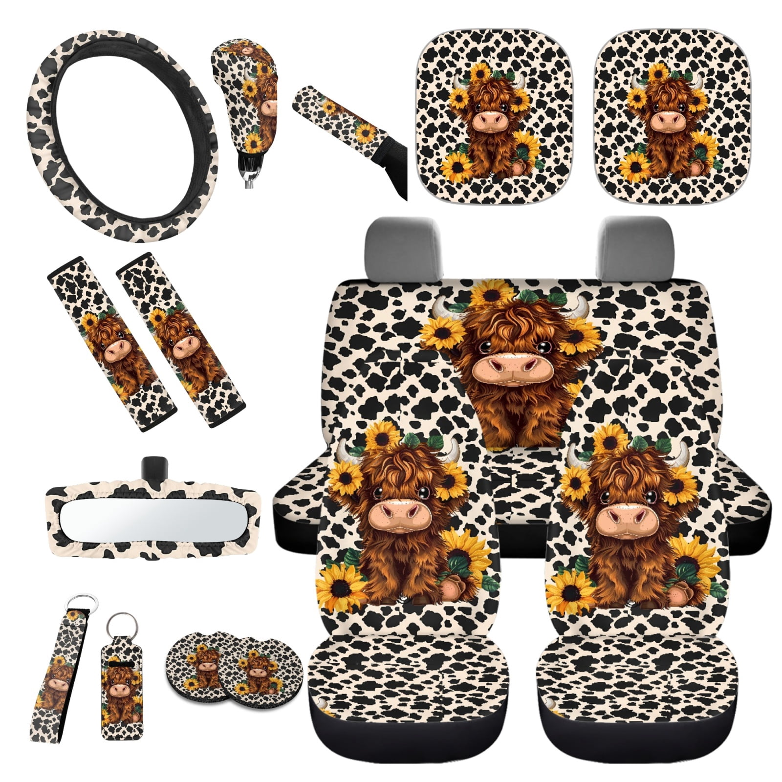 Yuyamidu 16 PCS Highland Cow Car Seat Covers and Steering Wheel Cover Sunflower Car Windshield Sun Shade Seat Belt Pad Cover Gear Shift Hand Brake Cover Rear View Mirror Cover Cup Holders Keychain