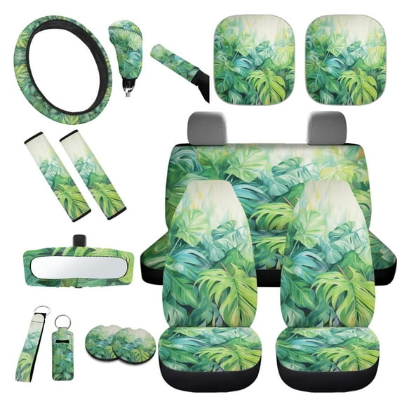 Yuyamidu 16 PCS Palm Leaves Car Seat Covers Set Green Gear Shift Cover Hand Brake Cover Car Sun Shade Steering Wheel Cover Seat Belt Covers Rear View Mirror Cover Coasters Key Chain