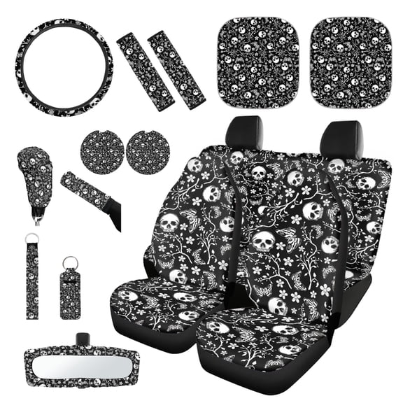Yuyamidu 16 PCS Skull Car Seat Cover Set Flower Steering Wheel Cover Seat Belt Pad Cover Cup Holders Keychain Gear Shift Hand Brake Cover Car Windshield Sun Shade Decor, Black