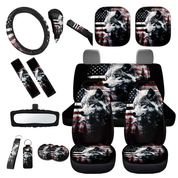 Yuyamidu 16 Pack Car Seat Covers Set with Steering Wheel Cover Seat Belt Pads Wolf Car Windshield Sun Shade USA Flag Handbrake Cover Set Rear View Mirror Cover Coasters Key Chain