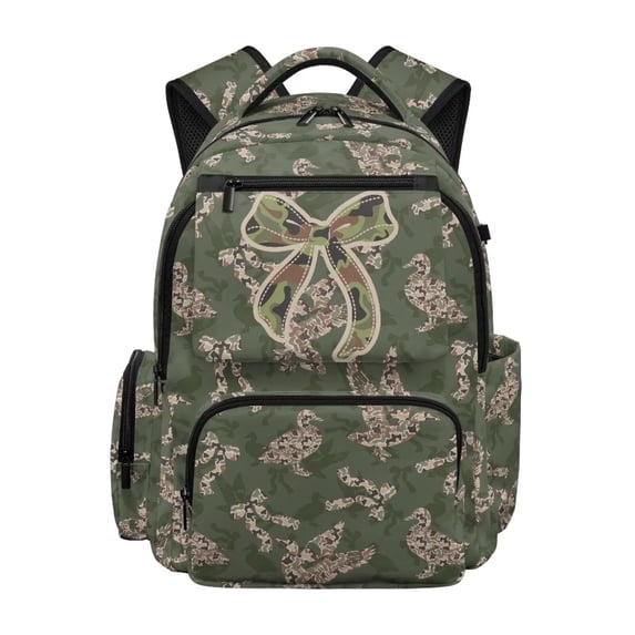 Yuyamidu 17 Inch Kids School Backpack for Girls Water-Resistant Polyester Multi-Pocket Green Camo Bow Bookbag Lightweight Duck Daypack for Elementary Back to School Supplies