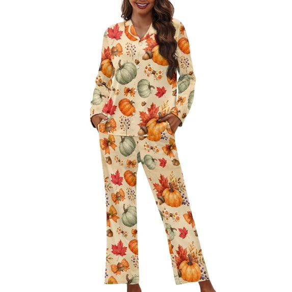 Yuyamidu 2 PCS Fall Thanksgiving Pajamas for Women Set Pumpkin Maple Leaves Long Sleeve Button Pj Long Pants with Big Pockets Soft Loungewear Daily Wear Tops Size 2XL