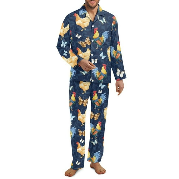 Yuyamidu 2 PCS Long Sleeve Button up Pajama Set Men Chicken Pajamas Sets Butterfly Pjs Loungewear Size S Loose Fitting Notch Collar Sleepwear Mens Casual Pj Pants with Pockets