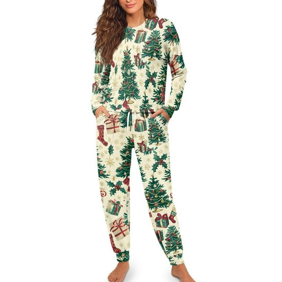 Yuyamidu 2 PCS Xmas Tree Pajamas for Women Set Long Sleeve Pj Top Pant Christmas Sleep Set Casual Loungewear Size M Loose Fitting Nightwear for Fall Spring Winter