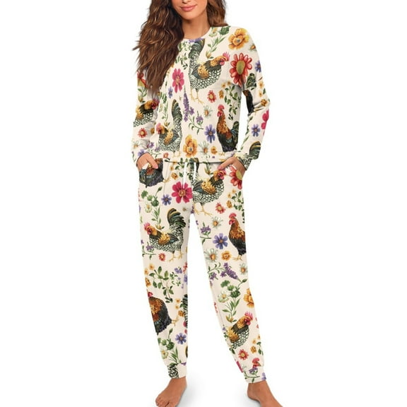 Yuyamidu 2 Pack Chicken Scoop Neck Pajamas Flower Night Top Pants Women Sleepwear Pants Set of 2 Cock Daily Wear Clothes Size M Fashion Long Sleeve Homewear