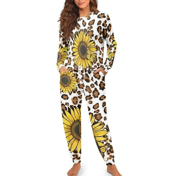 Yuyamidu 2 Pack Leopard Print Pajamas for Women Set Long Sleeve Sweatshirt and Sweatpants Size S Sunflower Scoop Neck Sleep Set Casual Daily Wear Clothes Athletic Clothing