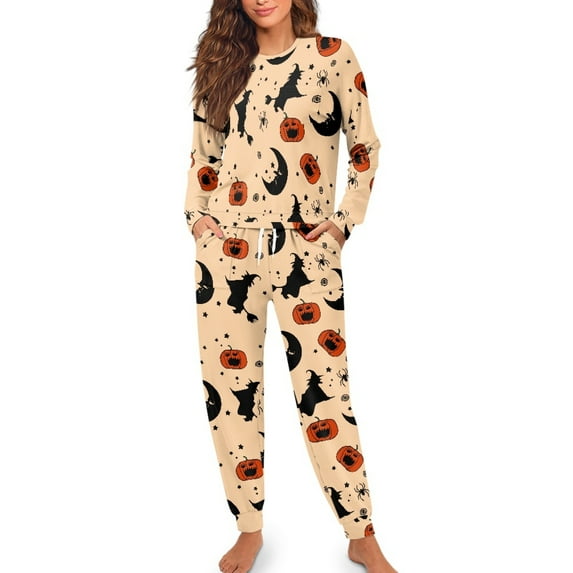 Yuyamidu 2 Pack Witch Pajamas for Women Set Long Sleeve Sweatshirt and Sweatpants Size 2XL Pumpkin Round Neck Lounge Set Casual Daily Wear Clothes Halloween Clothing