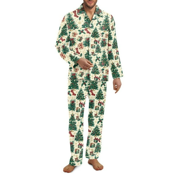 Yuyamidu 2 Pack Xmas Tree Notch Collar Pajamas Casual Long Sleeve Louge Wear for Fall Winter Christmas Night Shits Men Sleepwear Pants Set of 2 Daily Loungewear Size XS