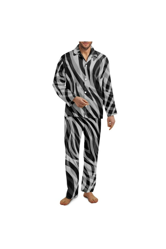2 Pack Zebra Stripe V Neck Pajamas Button Down Night Shits for Men Sleepwear Pants Set of 2 Home Loungewear Size 4XL Fashion Long Sleeve Louge Wear, Gray