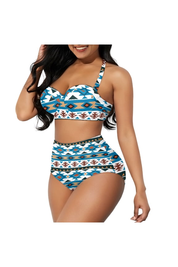 2 Piece Bikini Set for Women Sexy High Waist Bathing Suits for Beach Swimming Pool Skin-Friendly Halter Straps Bikinis Blue Geometry Aztec Ethnic Backless Bathing Suit Size 2XL