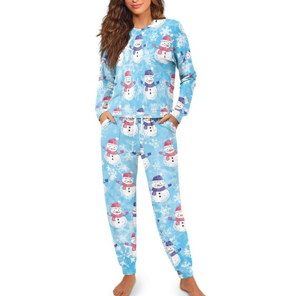 Yuyamidu 2 Piece Christmas Pajamas for Women Snowman Crewneck Pj Top and Pants Set Snowflake Long Sleeve Sleepwear Set Fall Winter Nightwear Size XL, Blue