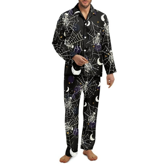 Yuyamidu 2 Piece Cobweb Pajamas for Men Halloween Long Sleeve Sleepwear Set Casual Loungewear Size XS Winter Pajama Pants Soft Button Down Nightwear, Black