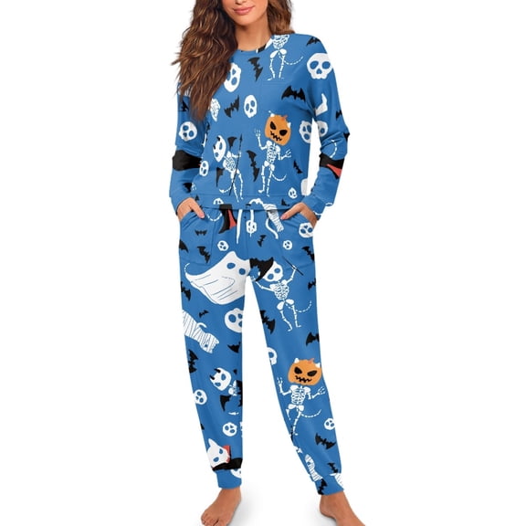 Yuyamidu 2 Piece Ghost Pajamas for Women Softness Long Sleeve Sleepwear Set Skull Nightwear Blue Halloween Scoop Neck Pajama Size L Indoor Pullover Outfits