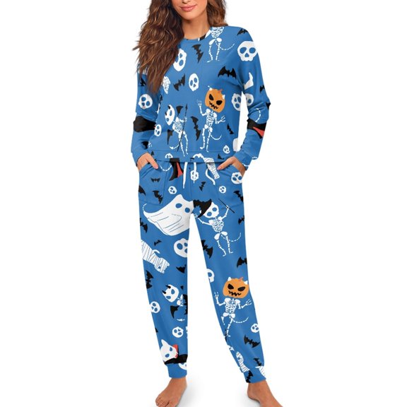 Yuyamidu 2 Piece Ghost Pajamas for Women Softness Long Sleeve Sleepwear Set Skull Nightwear Blue Halloween Scoop Neck Pajama Size M Indoor Pullover Outfits
