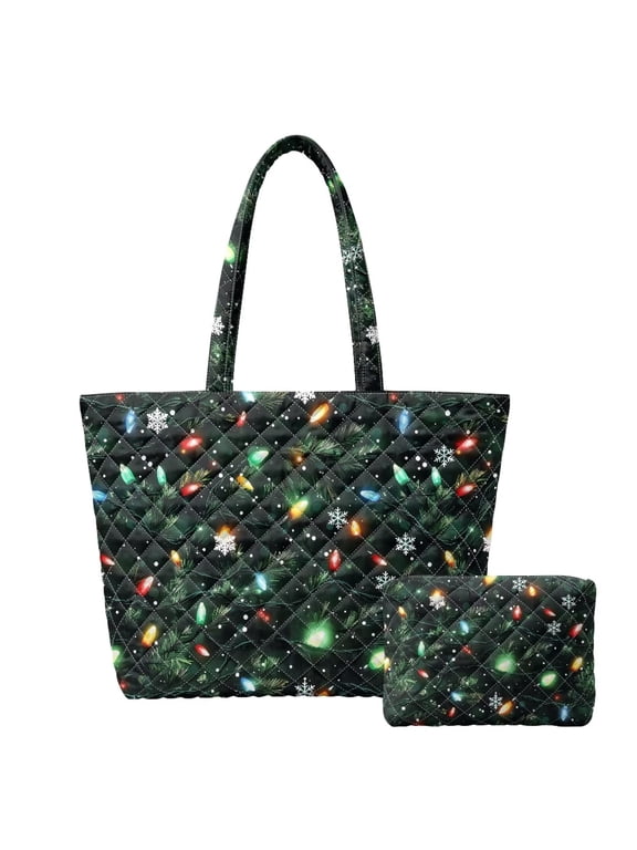 2‑Piece Quilted Bag Set Colorful Lights Handbag & Pouch for Women Christmas Travel Tote Bag Lightweight Carry Design, for Daily Commute, Shopping Trips, Casual, Matching Small Storage Pouch