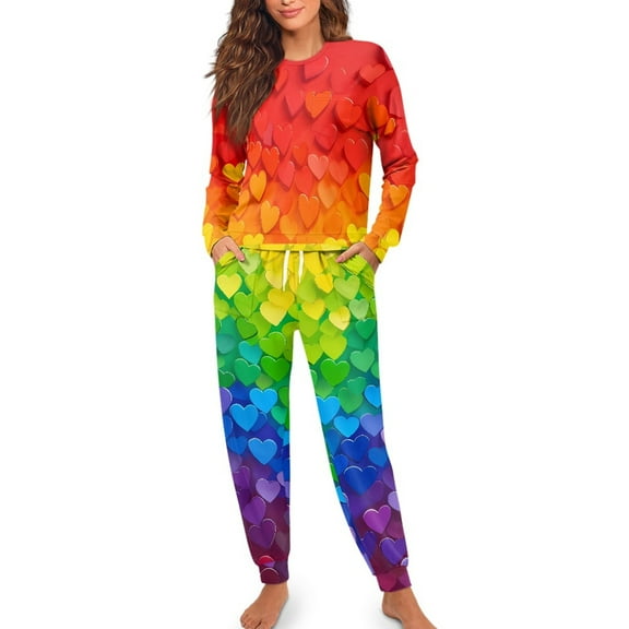 Yuyamidu 2 Piece Rainbow Heart Pajamas for Women Loose Crewneck Pj Top and Pants Set Soft Long Sleeve Sleepwear Set Fall Winter Nightwear Casual Loungewear Size M