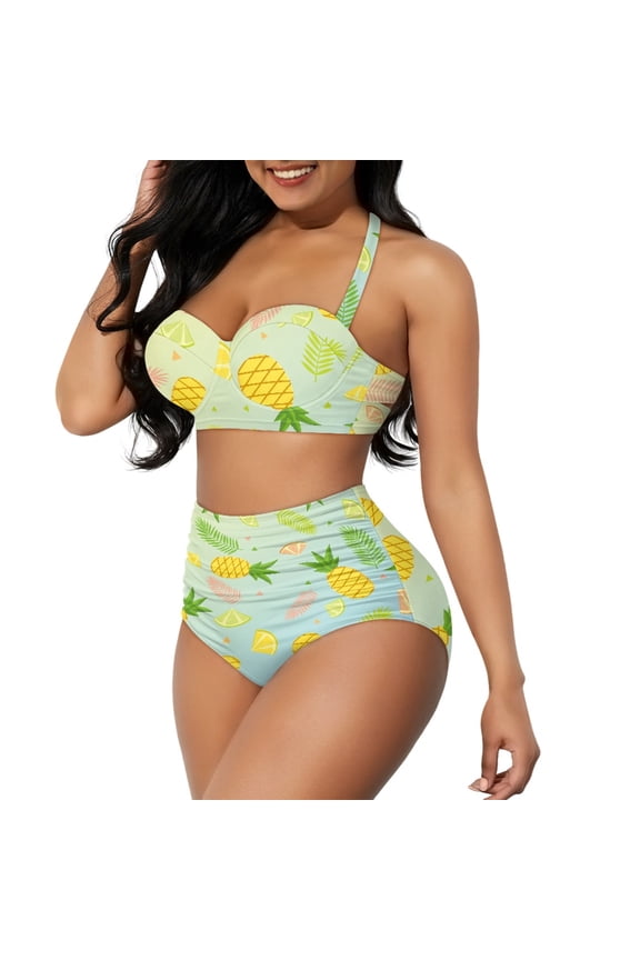 2 Piece Swimsuit Women V Neck Tie Closure Bikini Sets Pineapple Lemon Halter Backless Bathing Suits Self-Cultivation Swimsuit Cover Up Beachwear Size 2XL