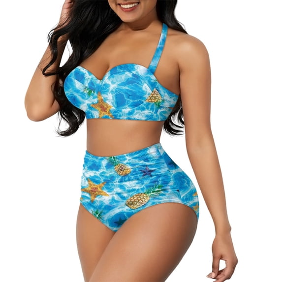 Yuyamidu 2 Pieces Blue Women Swimsuits Elastic High Waist Bikini Set, Summer Style Bathing Suits Size XL Beach Pool Travel Tankini Starfish Pineapple Halter Swimwear