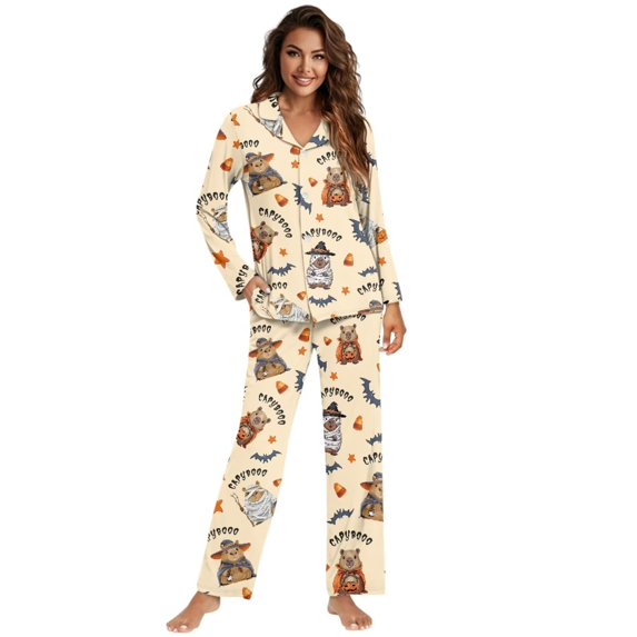 Yuyamidu 2 Pieces Ladies Comfort Button Pj Set Women Casual Pajamas Daily Wear Skin Friendly Halloween Capybara Bat Pullover Tops Sleepwear Size XS