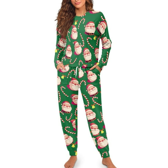 Yuyamidu 2 Pieces Santa Claus Long Sleeve Pajamas Set for Women Green Christmas Pj Top Long Pants Candy Canes Crew Neck Sleepwear for Fall Winter Night Clothes Size M