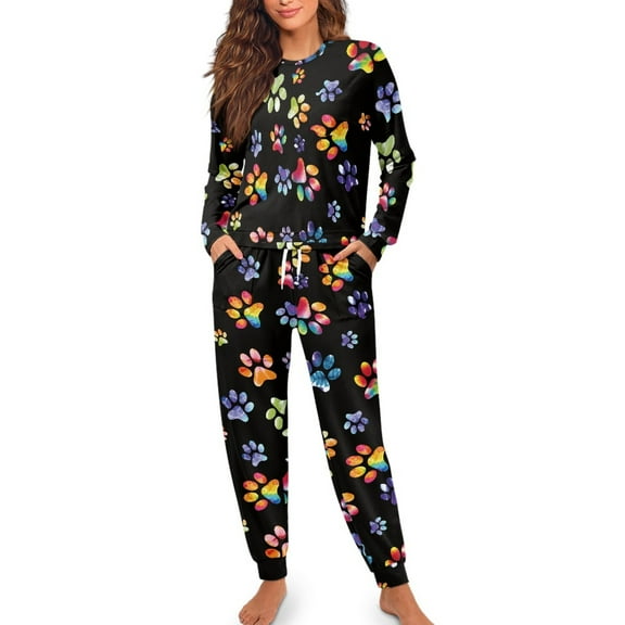 Yuyamidu 2PCS Colorful Dog Paw Pajamas for Women Set Long Sleeve Shirt Pant Sleep Set Casual Sleepwear Size 2XL Stylish Scoop Neck Nightwear for Fall/Spring/Winter