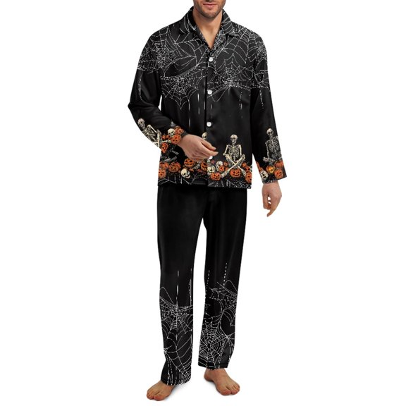 Yuyamidu 2PCS Pumpkin Front Button Pajamas Pants for Men Skull Long Sleeve Sleep Set Halloween Loungewear Size S Cobweb Notch Collar Nightwear for Fall Spring Winter