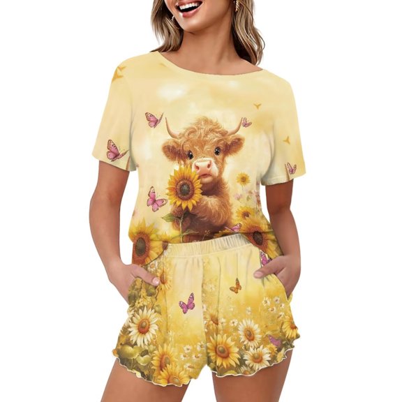 Yuyamidu 2Pcs Womens Pajama Sets Shorts with Pockets Highland Cow Sunflower Cozy Soft Lounge Set Short Sleeve Tops Pjs Set Comfy Sleepwear Nightwear