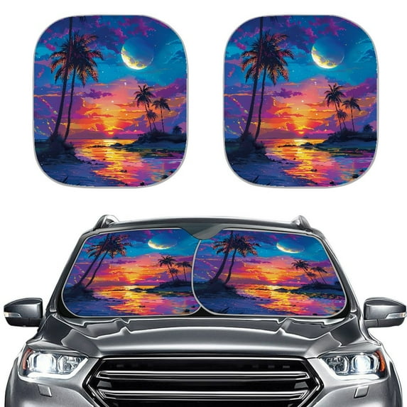 Yuyamidu 2pcs Seaside Car Window Sun Shades Front Windshield Cover Decorative Accessories Sunset Car Front Window Shades Universal Fit Most Car SUV Van