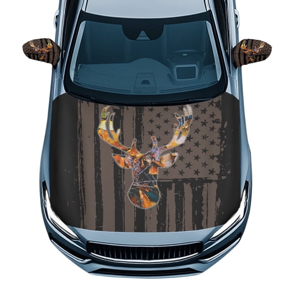 Yuyamidu 3 PCS Deer Car Hood Covers Protector American Flag Car Front Hood Cover Camo Hunting Auto Exterior Rear View Accessories Removable Side Mirror Covers for Cars Sedans