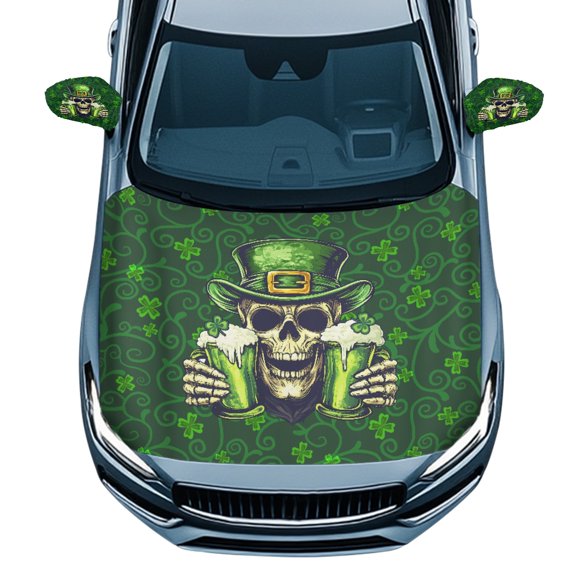 Yuyamidu 3 PCS Skull Car Hood Cover Protector Green Beer Car Front Hood Cover St. Patrick's DayAuto Exterior Rear View Accessories Removable Side Mirror Covers for Cars Sedans