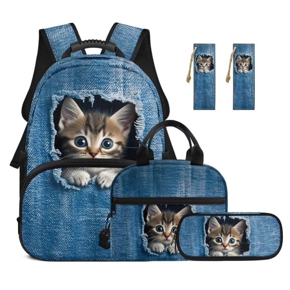 Yuyamidu 3D Cat Boys Backpack and Lunch Box Set 6-8 Years Old Blue Cowboy Print Book Bag for 3th Grade with Lunch Bag, Pencil Case, Bookmarks Kids Girls Schoolbags with Lunch Tote, 5 in 1