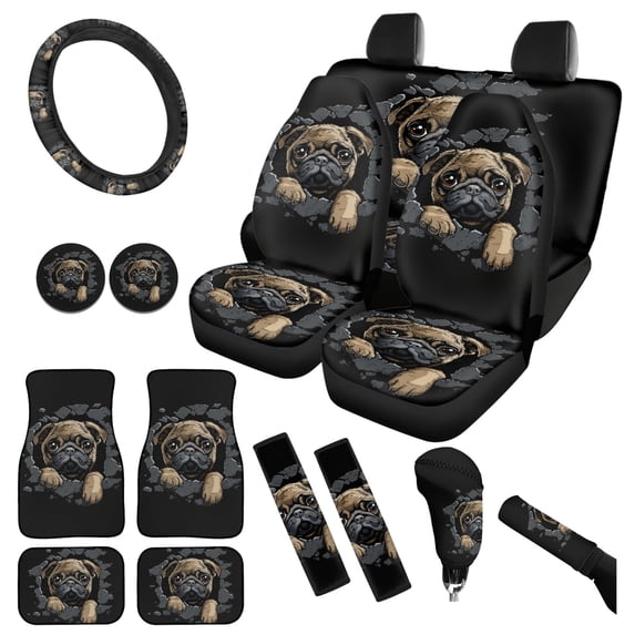 Yuyamidu 3D Pug Car Seat Cover Full Set with Floor Mats Steering Wheel Cover Cute Seat Belt Strap Pads Cup Coasters Auto Handbrake Cover Set of 15, Black