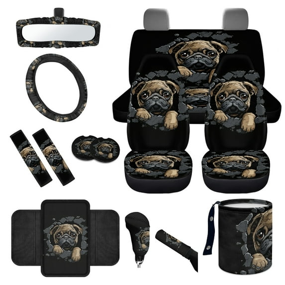 Yuyamidu 3D Pug Car Seat Cover Set of 14 Black Steering Wheel Cover Seat Belt Pads Waste Basket Bin Rearview Mirror Cover Cup Holder Cute Center Console Cover Handbrake Cover Gear Shift Cover