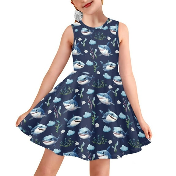 Yuyamidu 5-6 Yeard Old Little Girls Tank Dresses Shark Print Swing Twirly Dresses for Party Dance Vacation Stretchy A-Line Fit Midi Dresses Size 3-4T