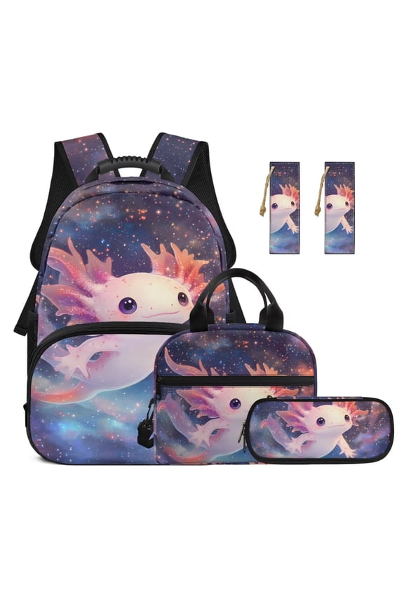 5pcs Axolotl Girls Backpack and Lunch Box Set Middle School Bookbag 4th Grade Kids School Bag with Lunch Bag Pencil Box Bookmarks 5pcs Backpacks for Teens Boys 13 Years Old