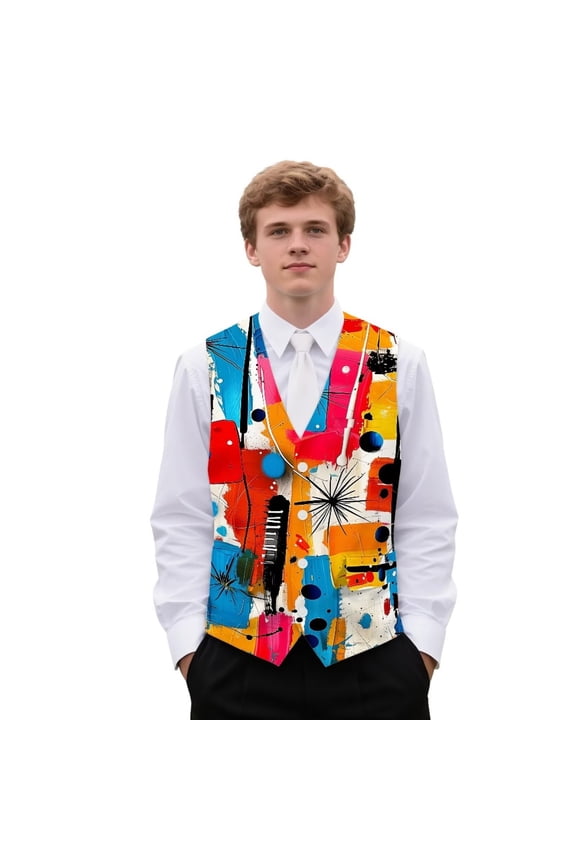 Abstract Men's V-Neck Business Vests with 3 Pockets Formal Dress Vest for Suit Tuxedo Casual 4 Button Waistcoat Size S
