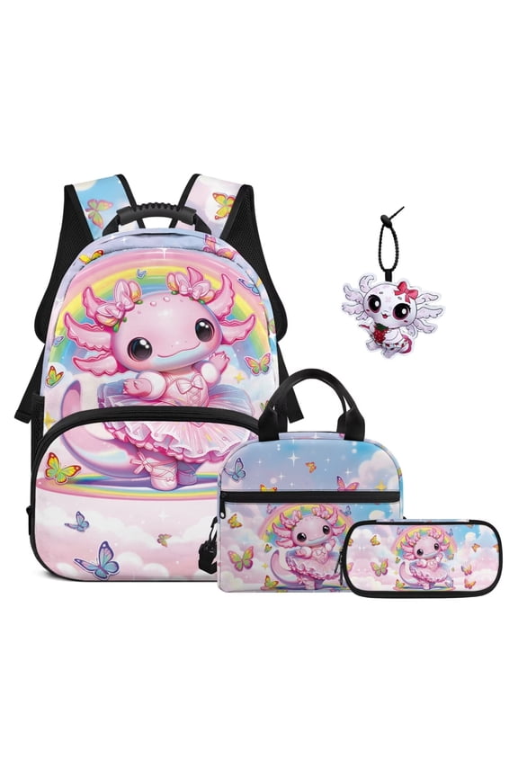 Adorable Axolotl Girls Backpack and Lunchbox 5-6 Years Old School Bag for 1st Grade with Lunch Bag 4 Piece Student Bookbag and Lunch Tote Bag Pencil Box for Elementary Middle School