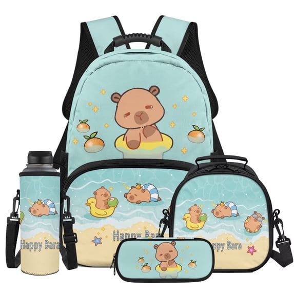 Yuyamidu Adorable Capyabara Girls Backpack and Lunch Bag Set Book Bag for Kids Lunch Handbag High School Bags for Boys Bookbag with Lunch Box Pencil Case Water Bottle Bag, 4 in 1