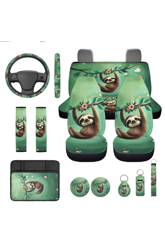Adorable Sloth Car Seat Covers Set for Women Green Steering Wheel Cover Seat Belt Covers Auto Armrest Cover Cushion Cup Holders Keychain, 13 PCS