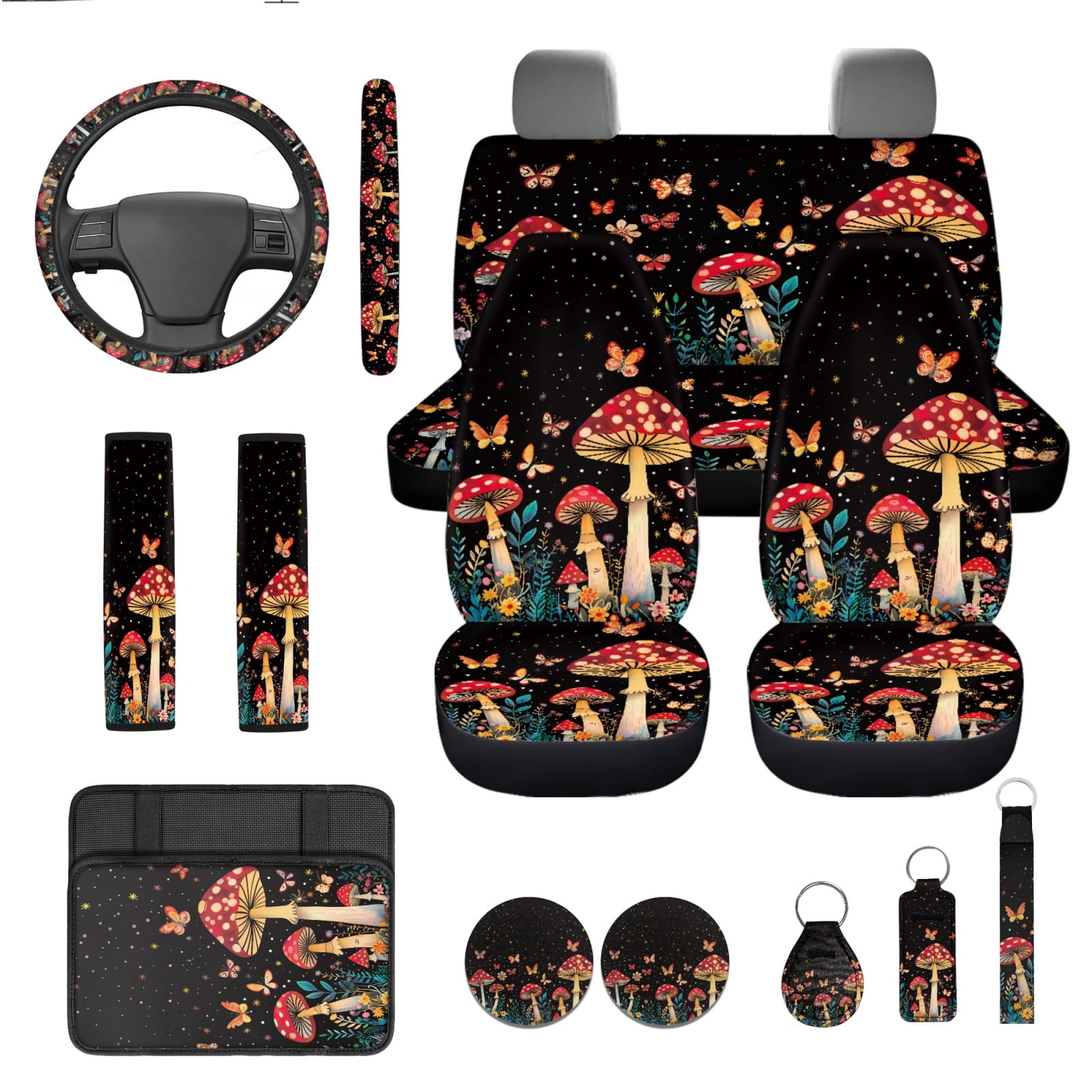 Yuyamidu Aesthetic Mushroom Car Seat Cover Set of 13 Butterfly Auto Interior Sets with Steering Wheel Cover Seat Belt Pad Armrest Cover Pad Cup Mat Key Chain