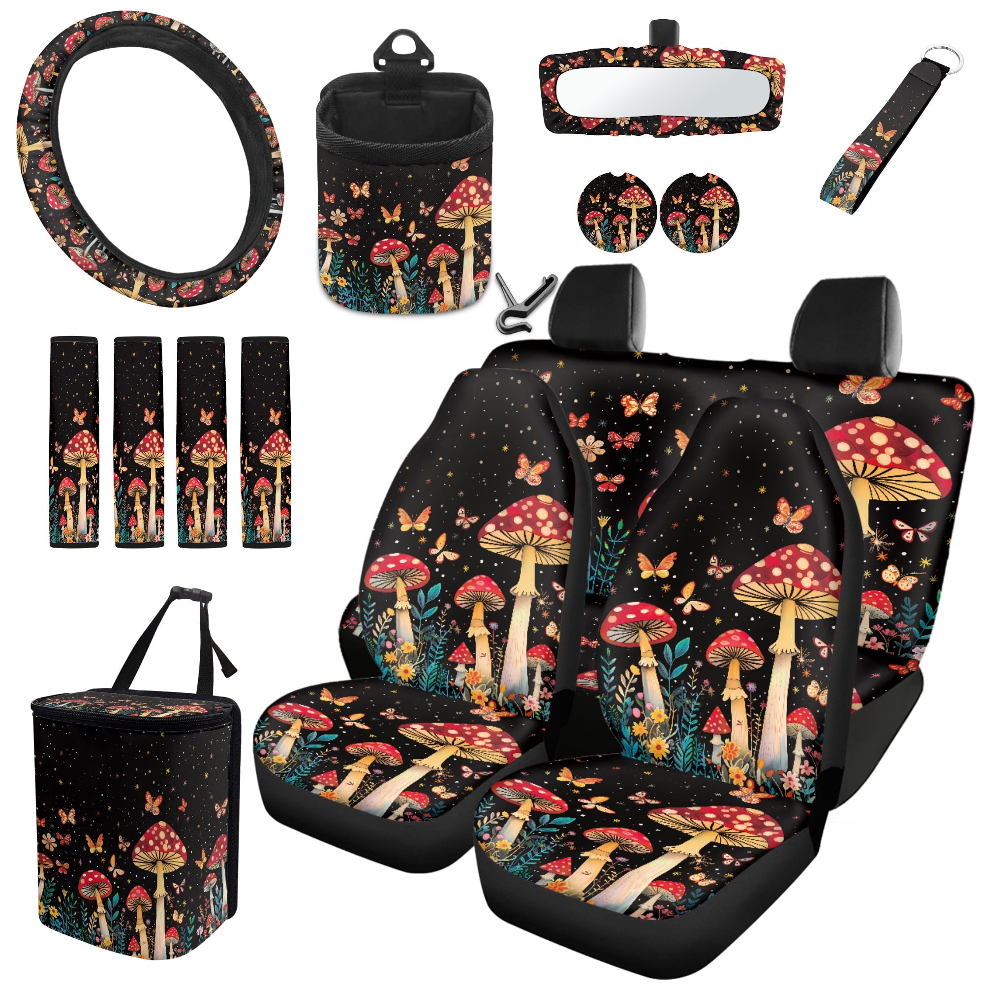 Yuyamidu Aesthetic Mushroom Car Seat Cover Set with Steering Wheel Cover Safe Belt Pads Cup Holder Rear View Mirror Cover Keychain Butterfly Gabage Bin Auto Cup Mat Air Vent Storage Bag 15 Pack