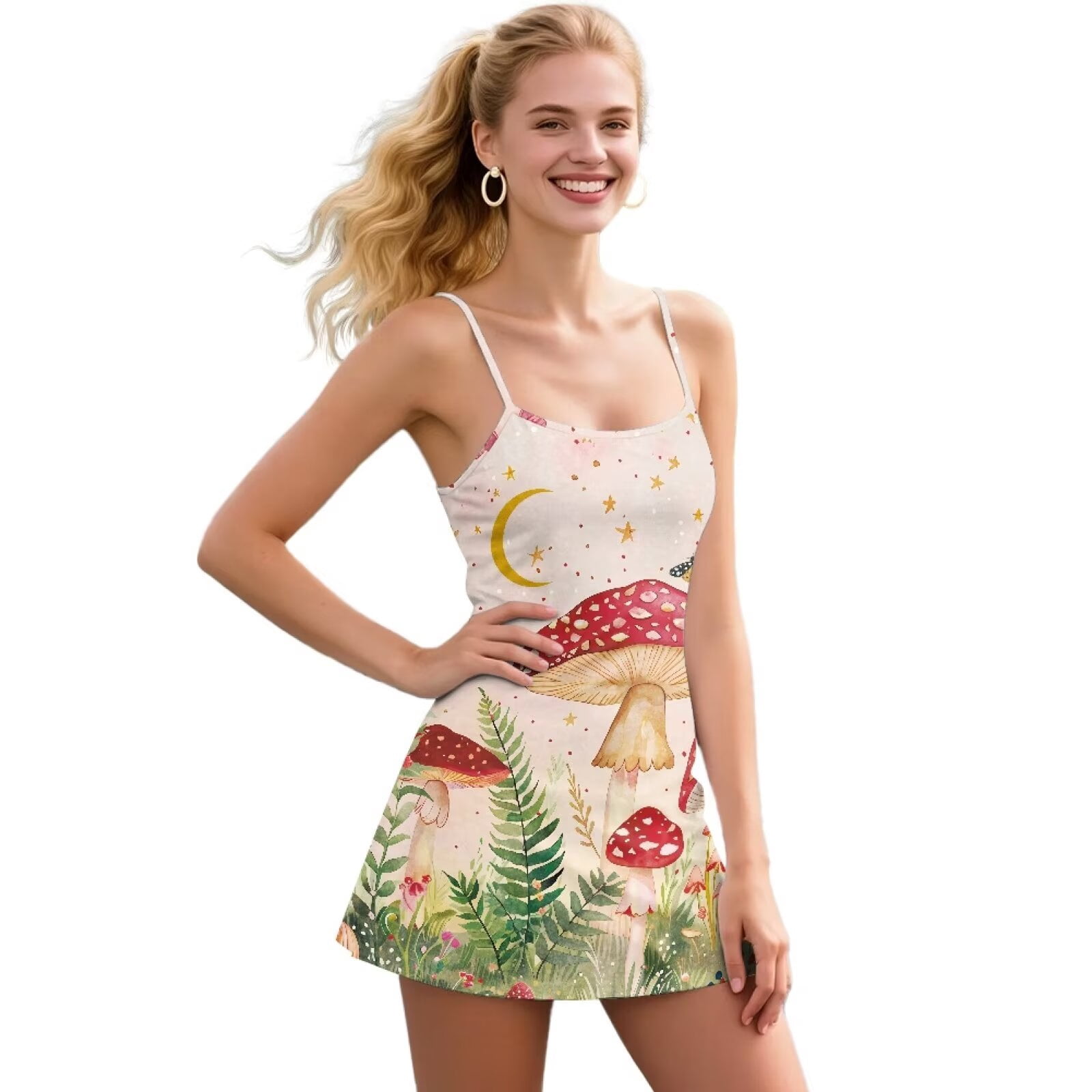Yuyamidu Aesthetic Mushroom Tennis Dress for Women Size 2XL Moon Spaghetti Straps Womens Athletic Dresses with Shorts 2 Piece Summer Clothes Mini Dress for Yoga/Golf/Tennis