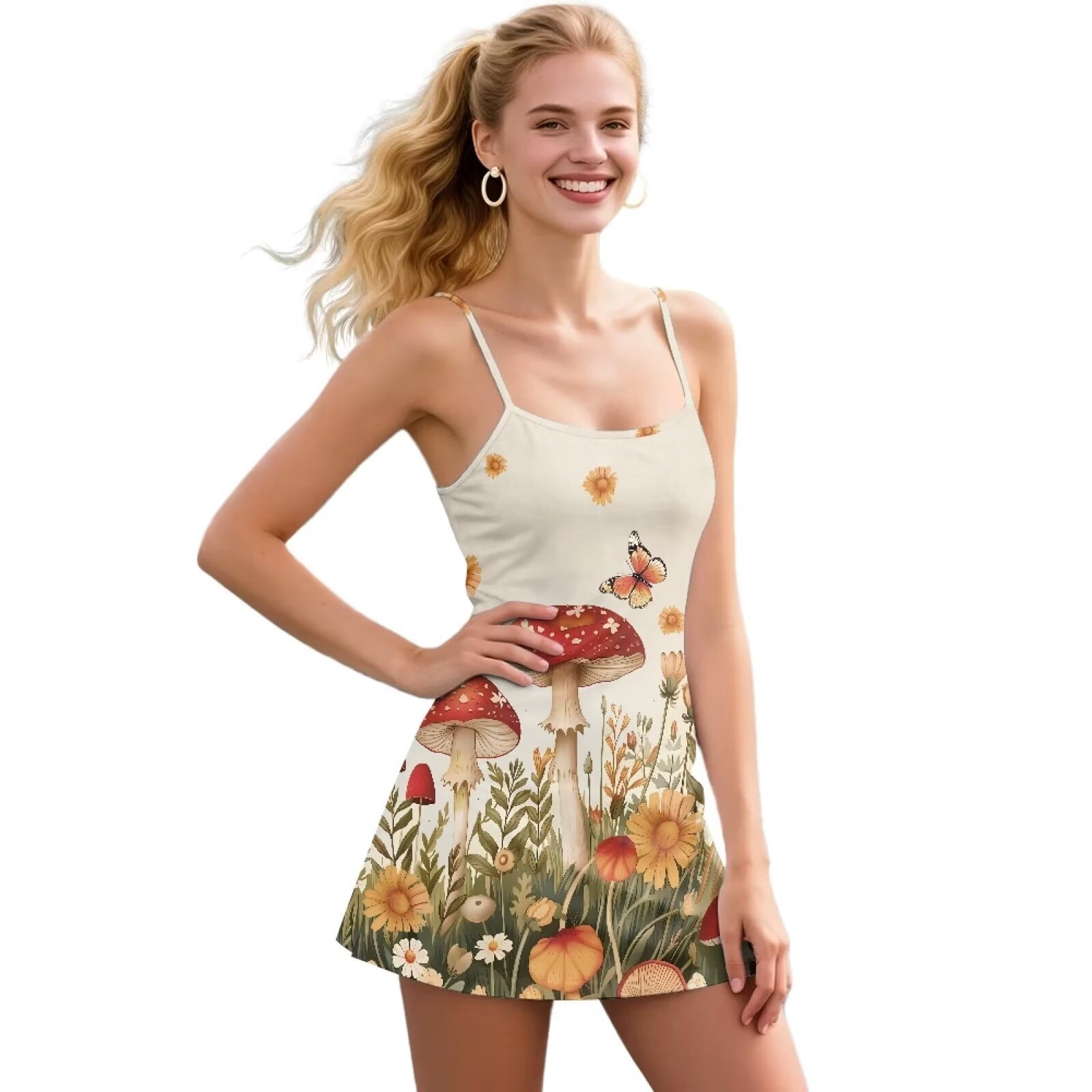 Yuyamidu Aesthetic Mushroom Women's Workout Golf Dress Built-in Shorts with Pockets Sunflowers Daisy Sleeveless Open Back Tennis Dresses 2 Piece Sets Outfits Size XL