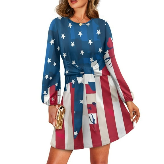 Yuyamidu American Flag A Line Dresses for Women Casual Crew Neck Pull on Dress Soft High Waistline Tie Front Dress for Girls Fall Knee Length Flowy Dress Size S, 4th of July