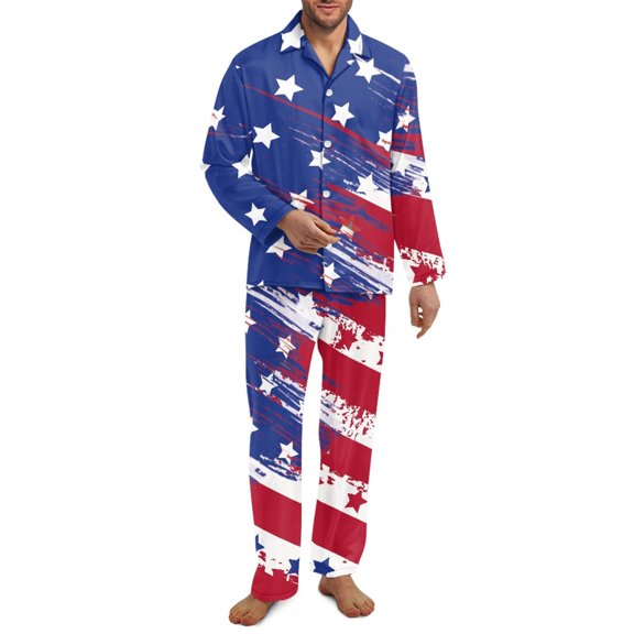 Yuyamidu American Flag Button Pajamas for Men Sleepwear Homewear Size XL, 4th of July Long Sleeve Loungewear Set of 2 Soft V-Neck Nightclothes Top & Pants with Pockets