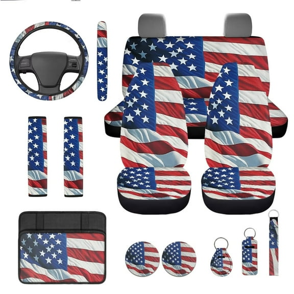 Yuyamidu American Flag Car Front Back Seat Covers Full Set of 13 Patriotic Steering Wheel Cover Seat Belt Pad Armrest Cover Pad Wrist Strap Coasters