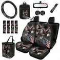 thumbnail image 1 of Yuyamidu American Flag Car Seat Cover Set Eagle Car Steering Wheel Cover Seat Belt Pads Gabage Bin Car Air Vent Organizer Rearview Mirror Cover Cup Holder Wristlet Lanyard Keychain 15 Pack, 1 of 7