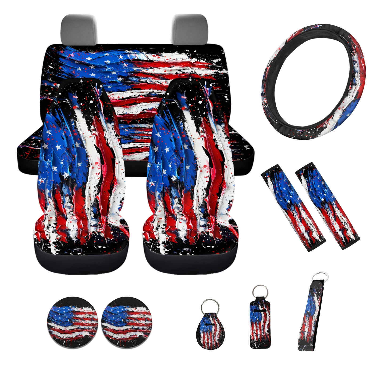 Yuyamidu American Flag Car Seat Covers Front Back Seat Cover Full Set Patriotic Car Steering Wheel Cover Safe Belt Pads Coasters Keychain 12 PCS