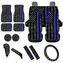 Yuyamidu American Flag Car Seat Covers Set of 15 Police Flag Car Floor Mats Steering Wheel Cover Seatbelt Pad Handbrake Cover Set Car Coasters for SUV Sedan Van