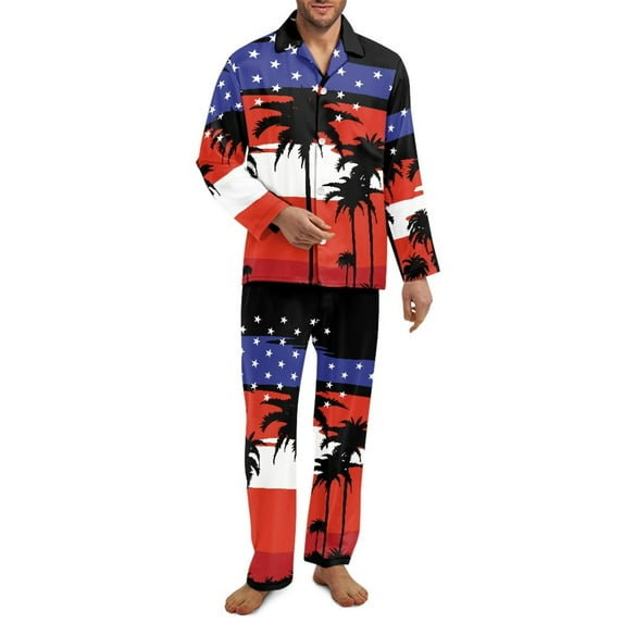 Yuyamidu American Flag Men Pajama Set of 2 Coconut Tree Mens Pjs Sets Size M Button Loungewear with Pockets Stretchy V Neck Sleepwear Plus Size Nightwear for Vacation Sport Jogger